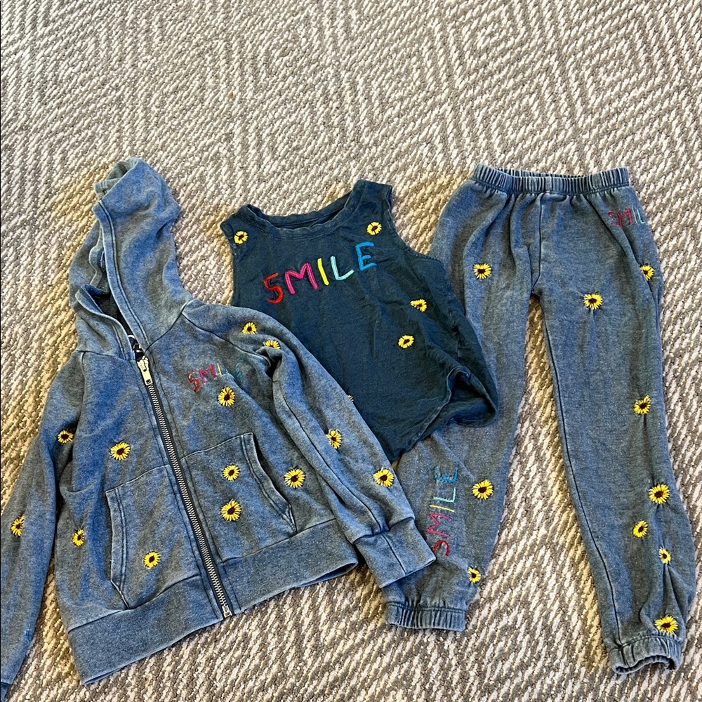 Blue Hoodie and Jogger Set with Sunflower Embroidery